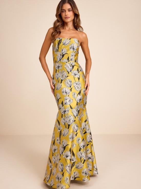 Lulus Dresses & Skirts - Lulus Gowning Around Yellow Floral Jacquard Strapless Maxi Dress - Size M